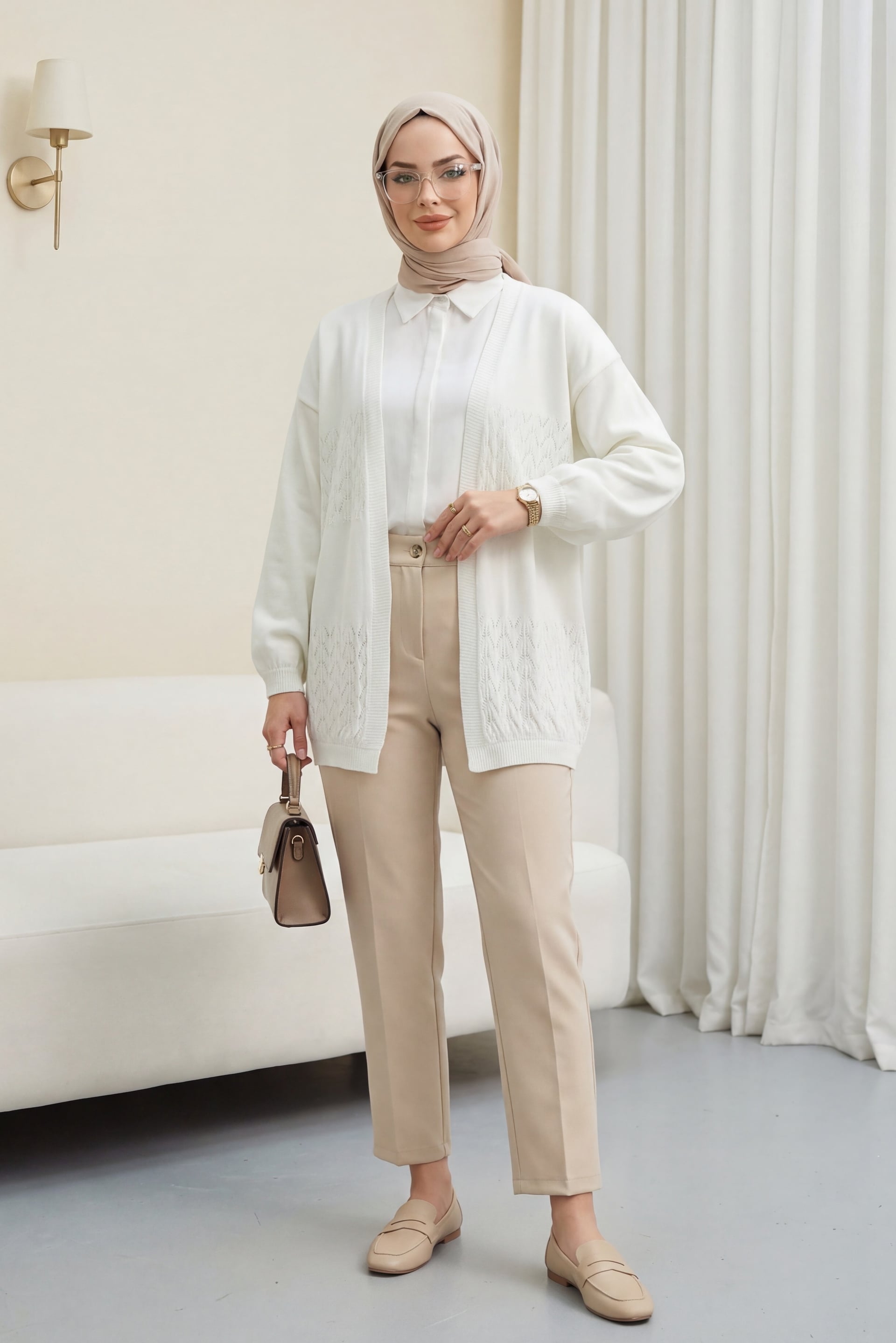 Araboy Openwork Knit Cardigan - Ecru - Podyumplus - by Peralane - photo 3