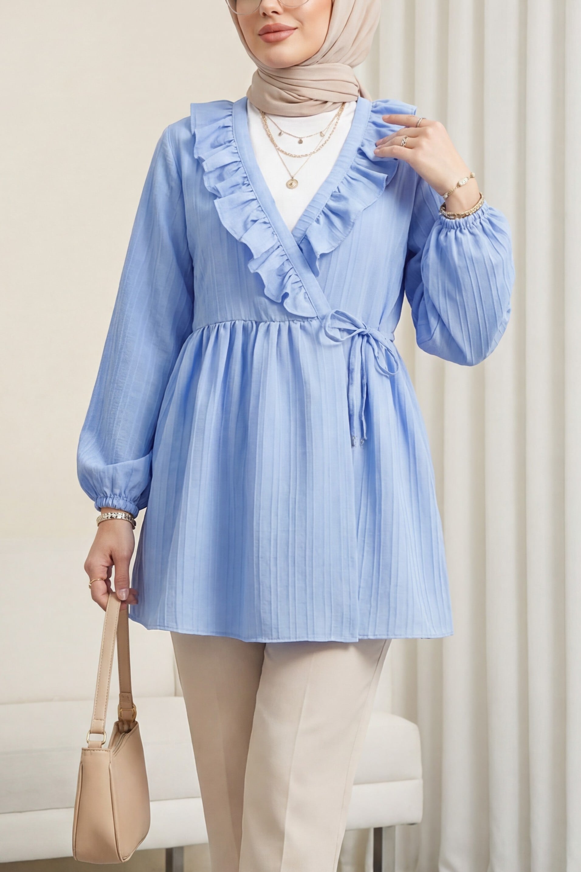 Ruffled Front Lace-Up Kimono with Elastic Sleeves - Blue - Podyumplus - by Peralane