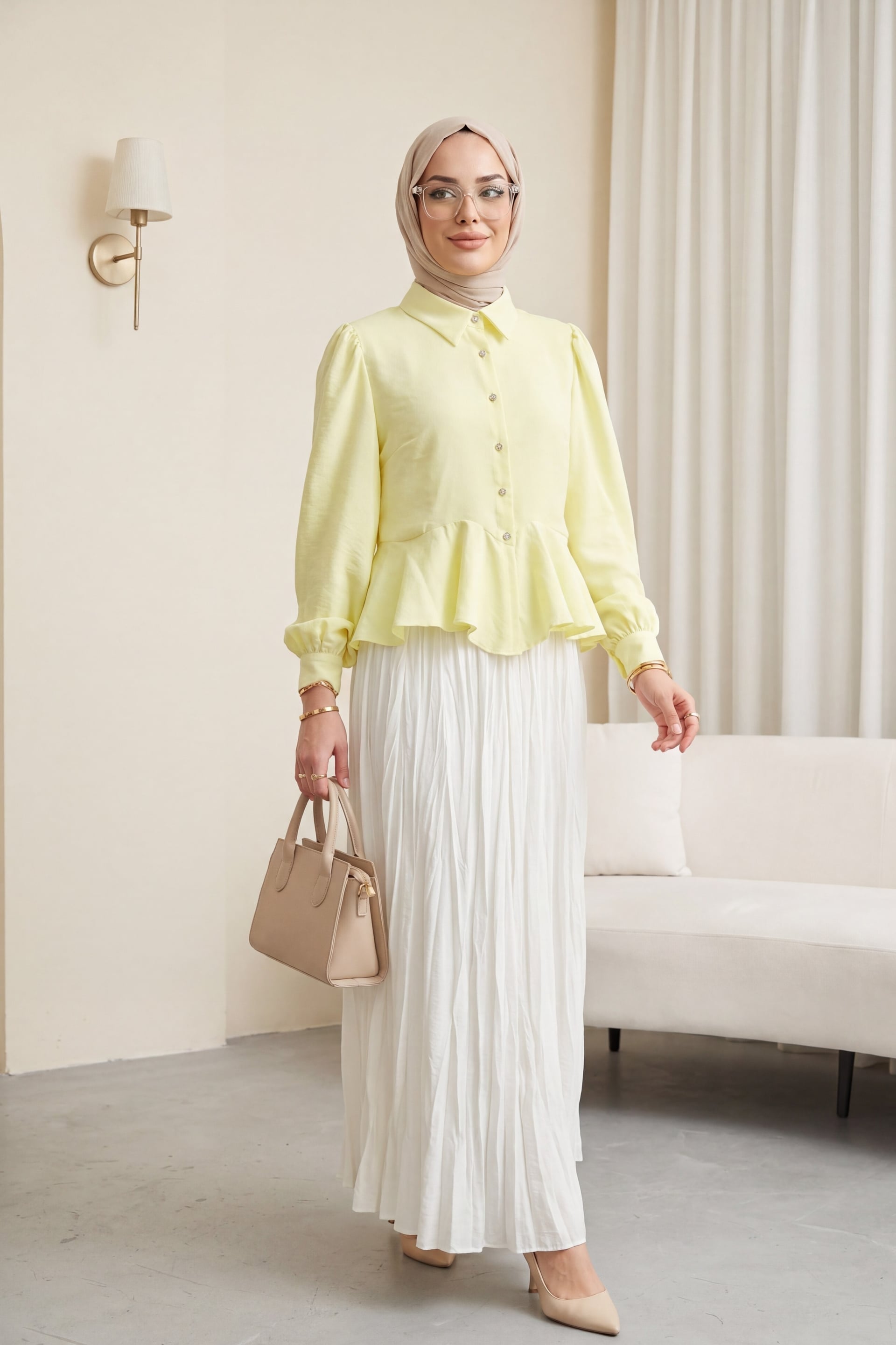 Stone-Button Peplum Blouse with Flounce Details in Yellow - Modal - Podyumplus - by Peralane - photo 3