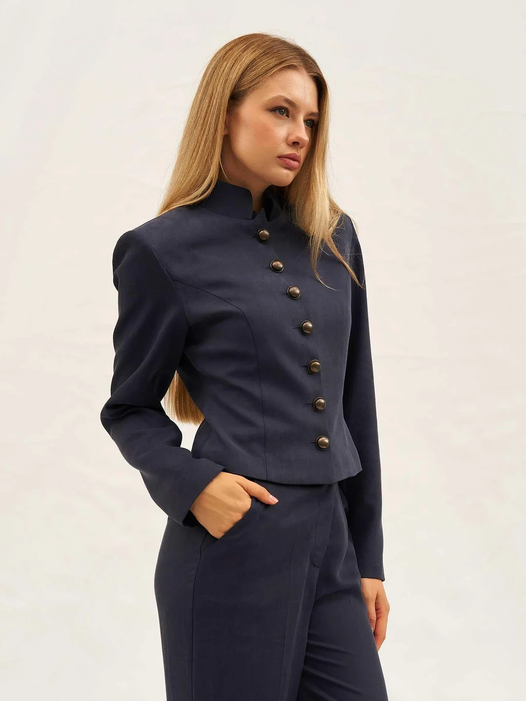 Navy Blue Button-Up Jacket and Wide-Leg Trousers Co-ord Set - Lefon - by Peralane - photo 5