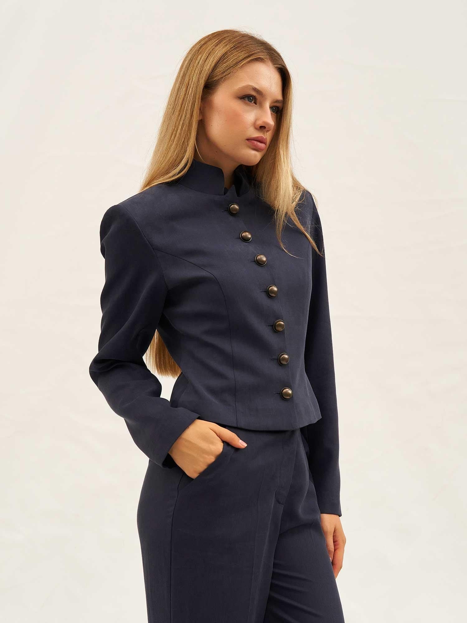 Navy Blue Button-Up Jacket and Wide-Leg Trousers Co-ord Set - Lefon - by Peralane - photo 5