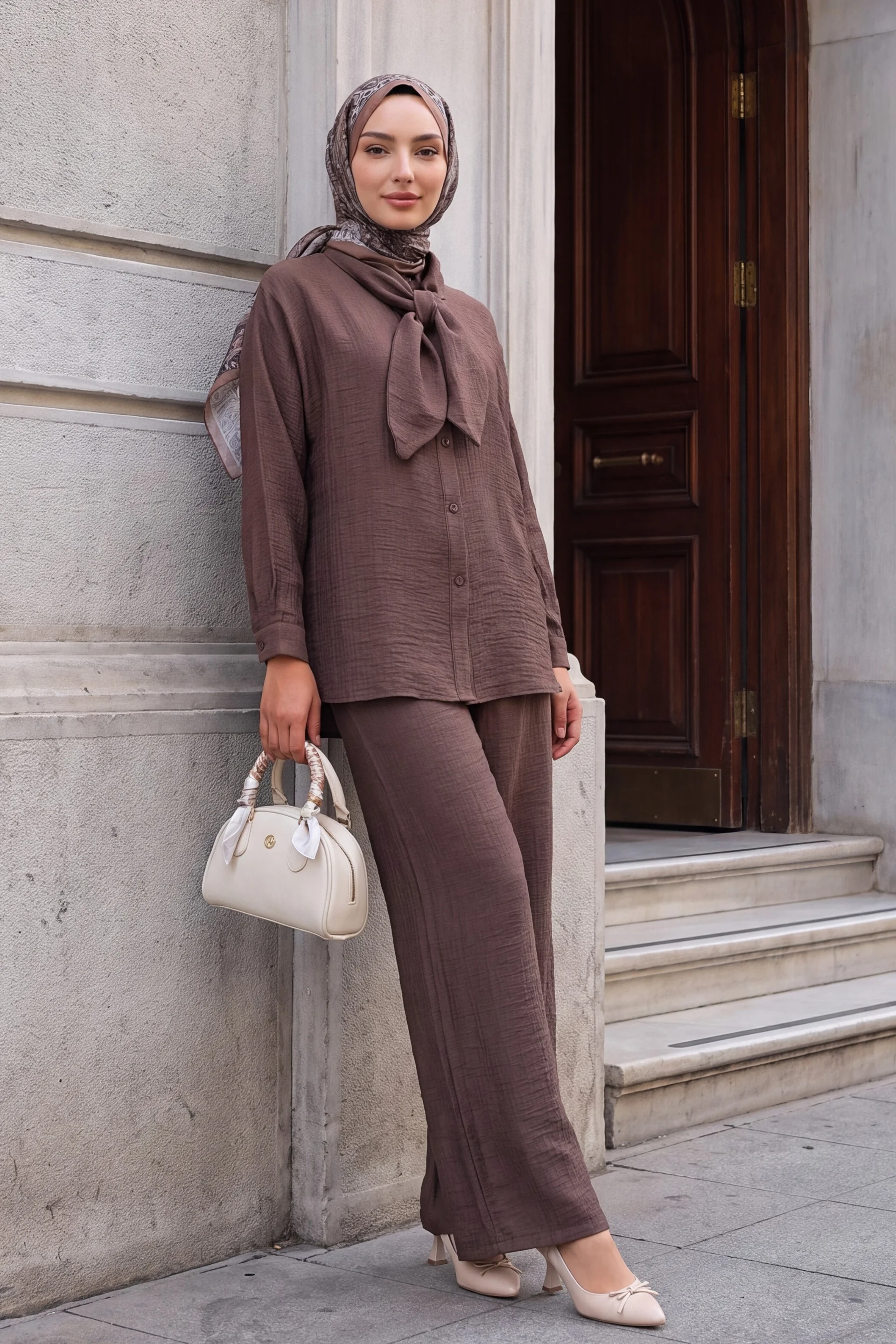 Women's Brown Blouse and Trousers Two-Piece Set with Tie Neck - Bigdart - by Peralane - photo 3