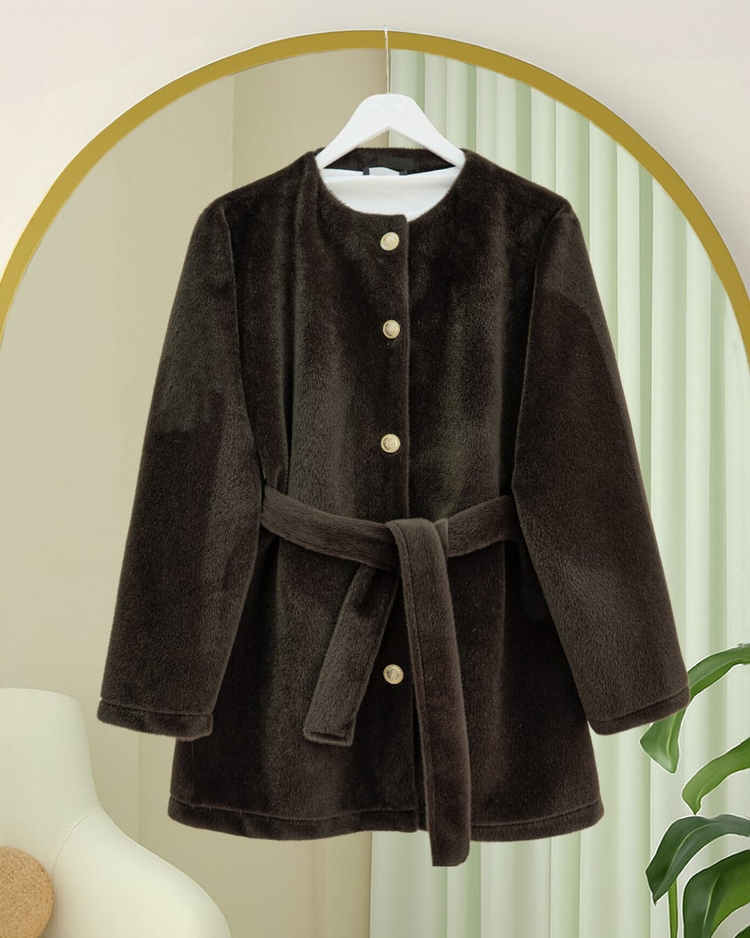 Buttoned Belted Fur-Trimmed Jacket - Dark Brown - Podyumplus - by Peralane - photo 2