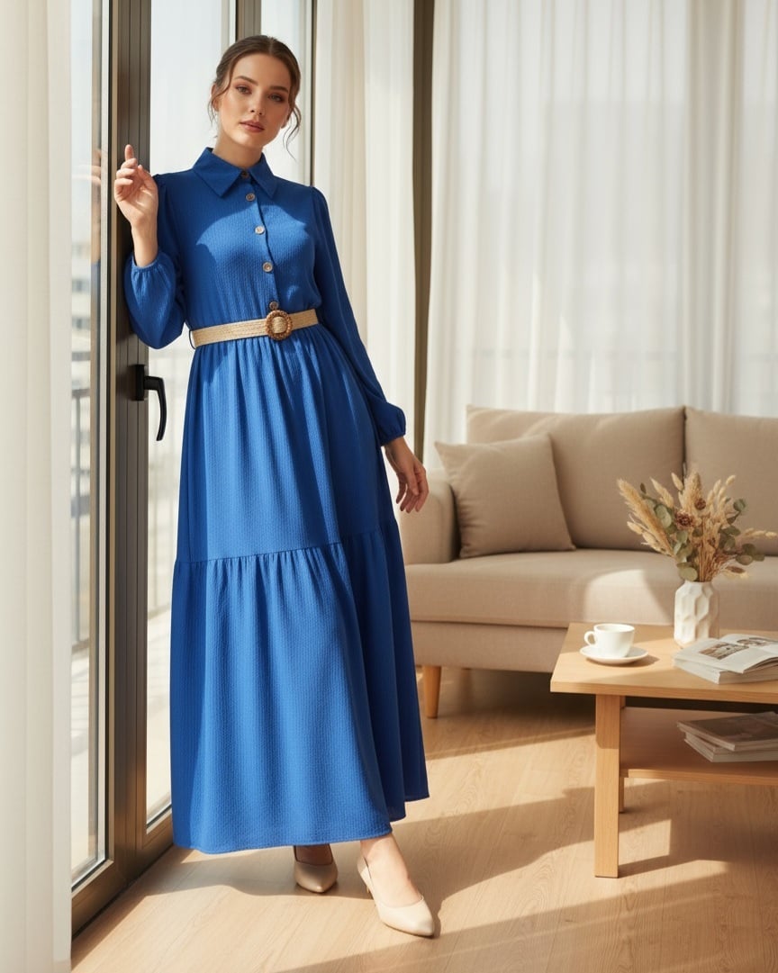 Half-Button Belted Crinkle Dress in Dark Blue - Podyumplus - by Peralane