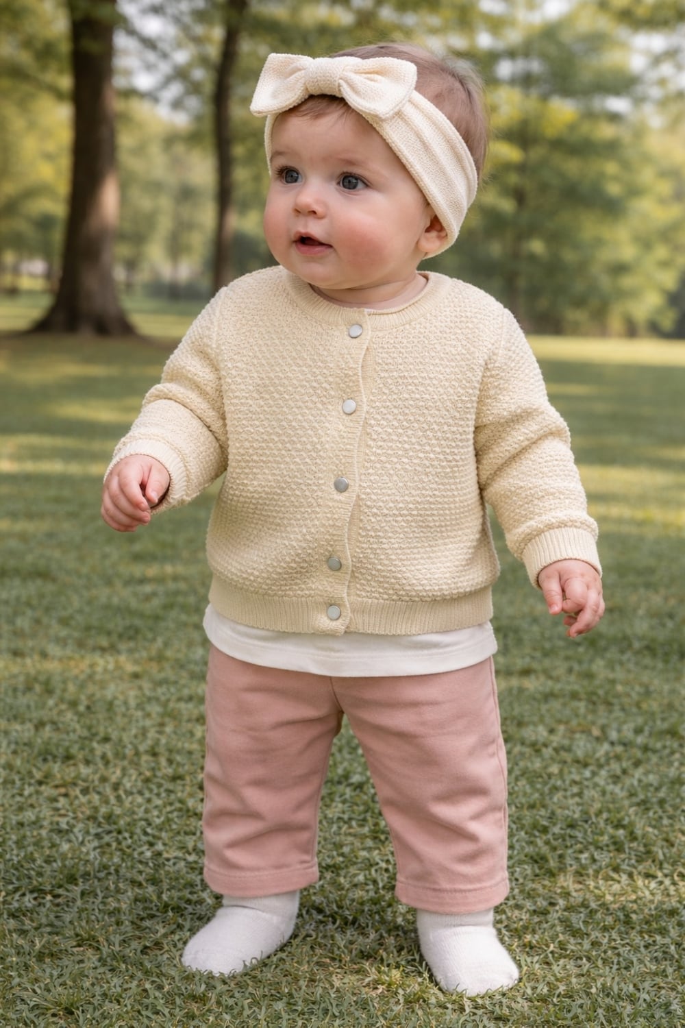 Baby Girl Knit Cardigan and Headband Set (Pack of 4) - Beige - Has Bereket - by Peralane