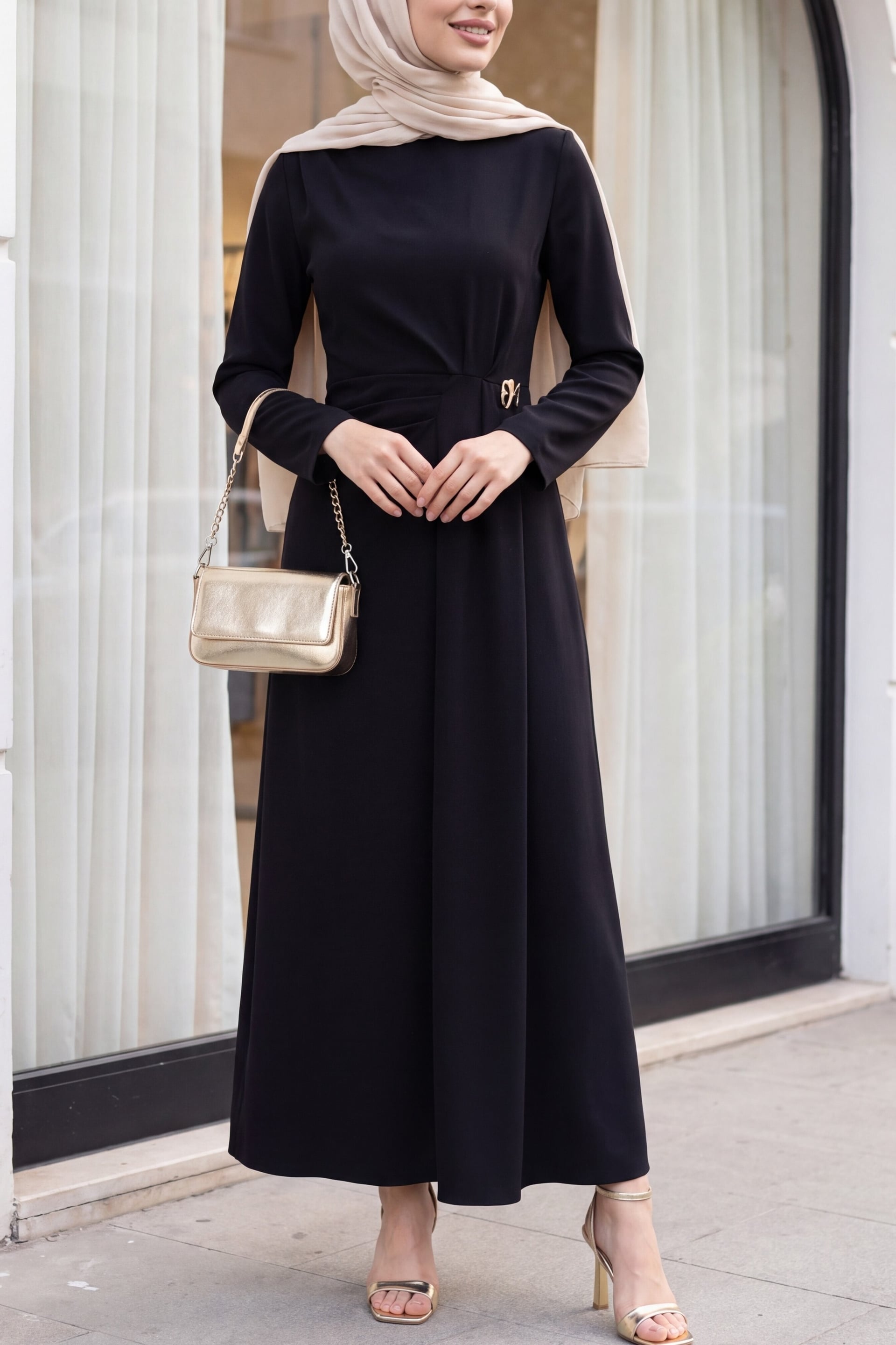 Black Double Crepe Dress with Pleated Shoulder and Front Detail and Brooch - Podyumplus - by Peralane