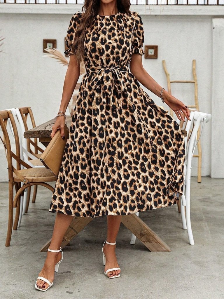Women's Short Sleeve Leopard Print Midi Dress with Tie Belt - Janes - by Peralane - photo 3