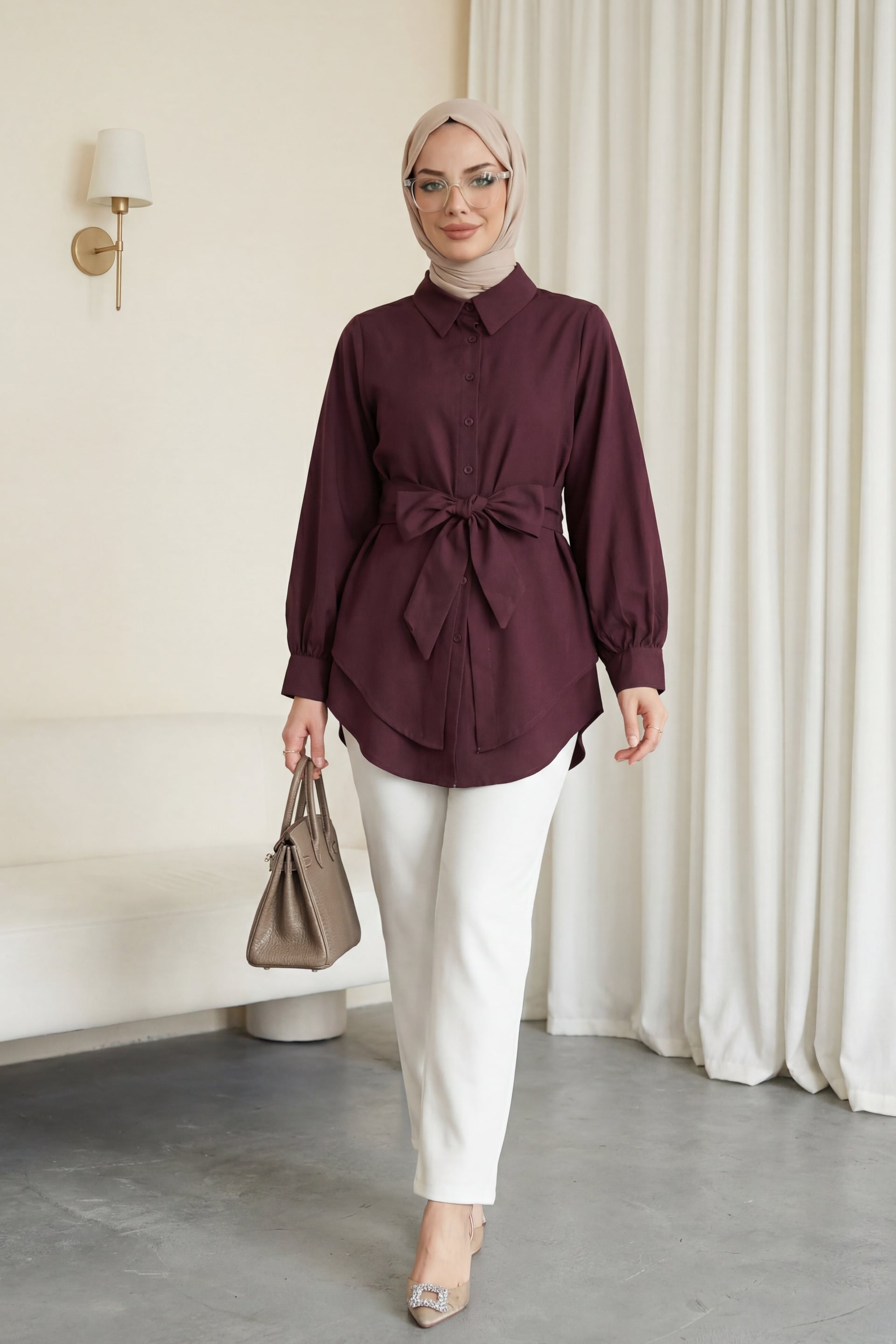 Self-Tie Poplin Tunic in Plum - Podyumplus - by Peralane - photo 2