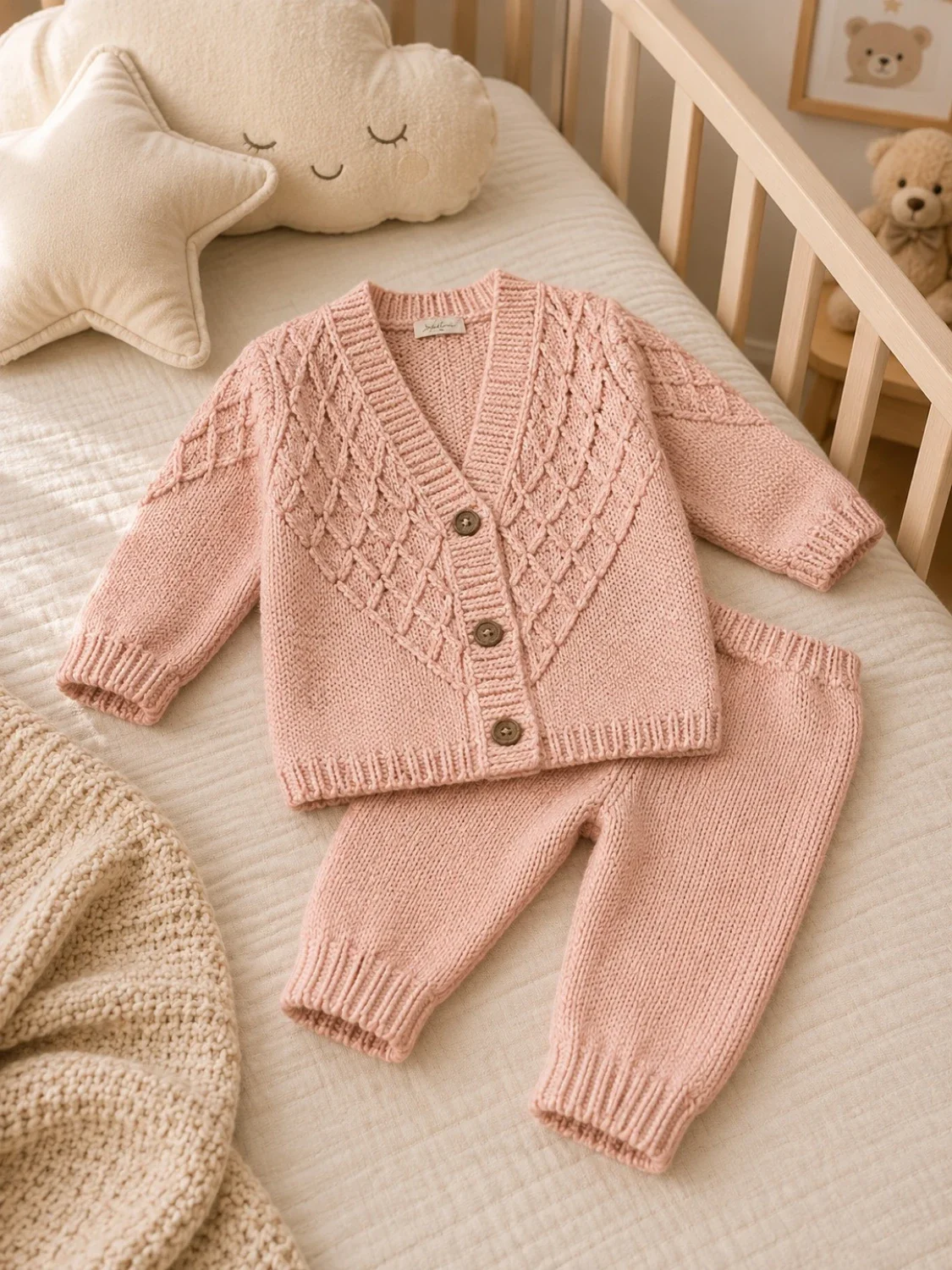 Baby Knit Cardigan and Trouser Set – Salmon - Has Bereket - by Peralane