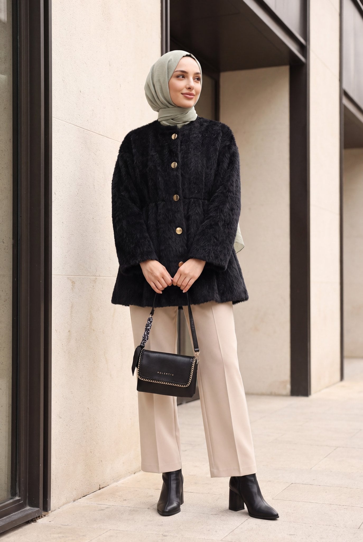 Black Faux Fur Peplum Jacket with Drawstring Waist - Podyumplus - by Peralane - photo 3