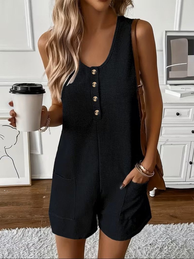 Women's Sleeveless Button-Front Waffle Short Romper - Janes - by Peralane - photo 2