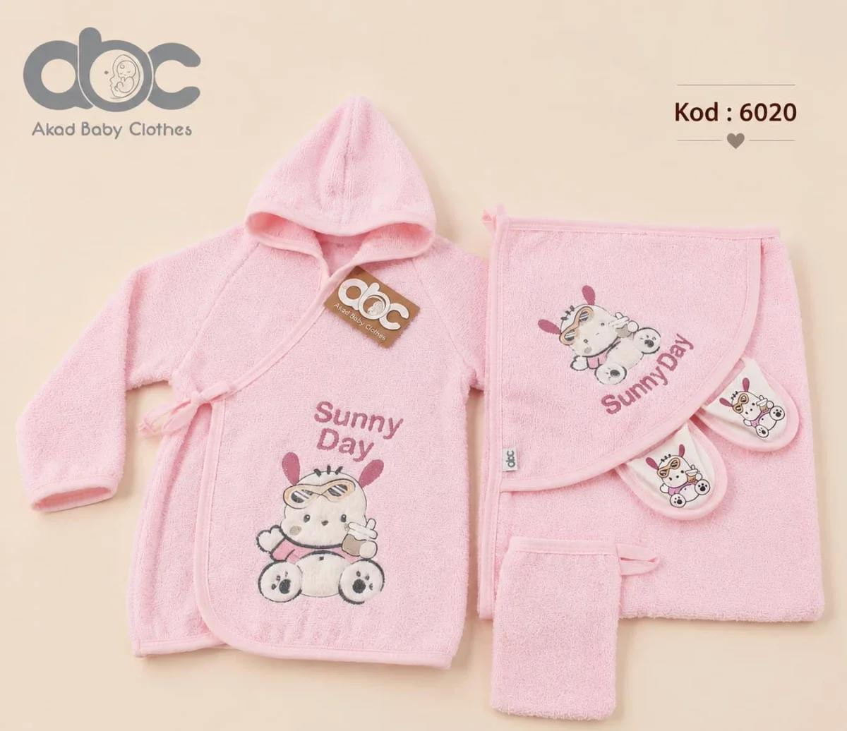 Baby Bathrobe and Towel Set with Hood - Pink Bunny Print - Has Bereket - by Peralane