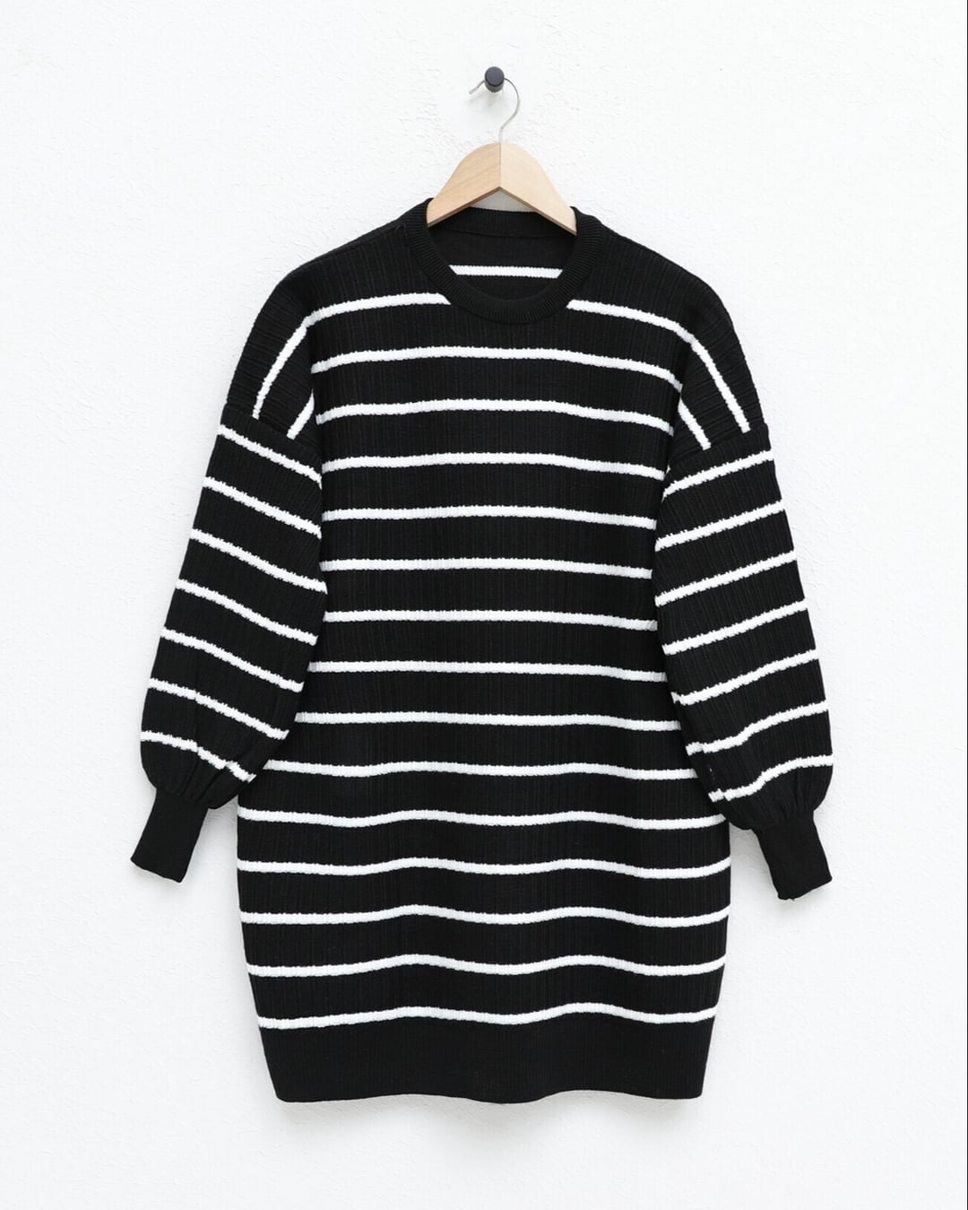 Black and White Striped Ribbed Knit Tunic with Crew Neck - Podyumplus - by Peralane - photo 2