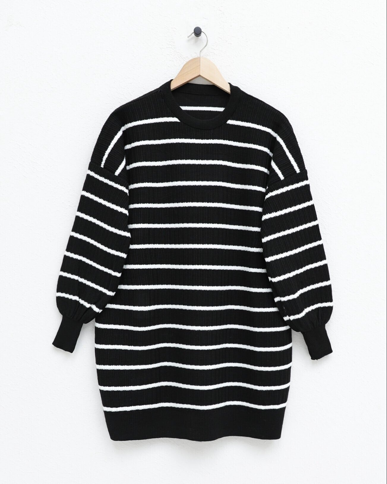 Black and White Striped Ribbed Knit Tunic with Crew Neck - Podyumplus - by Peralane - photo 2