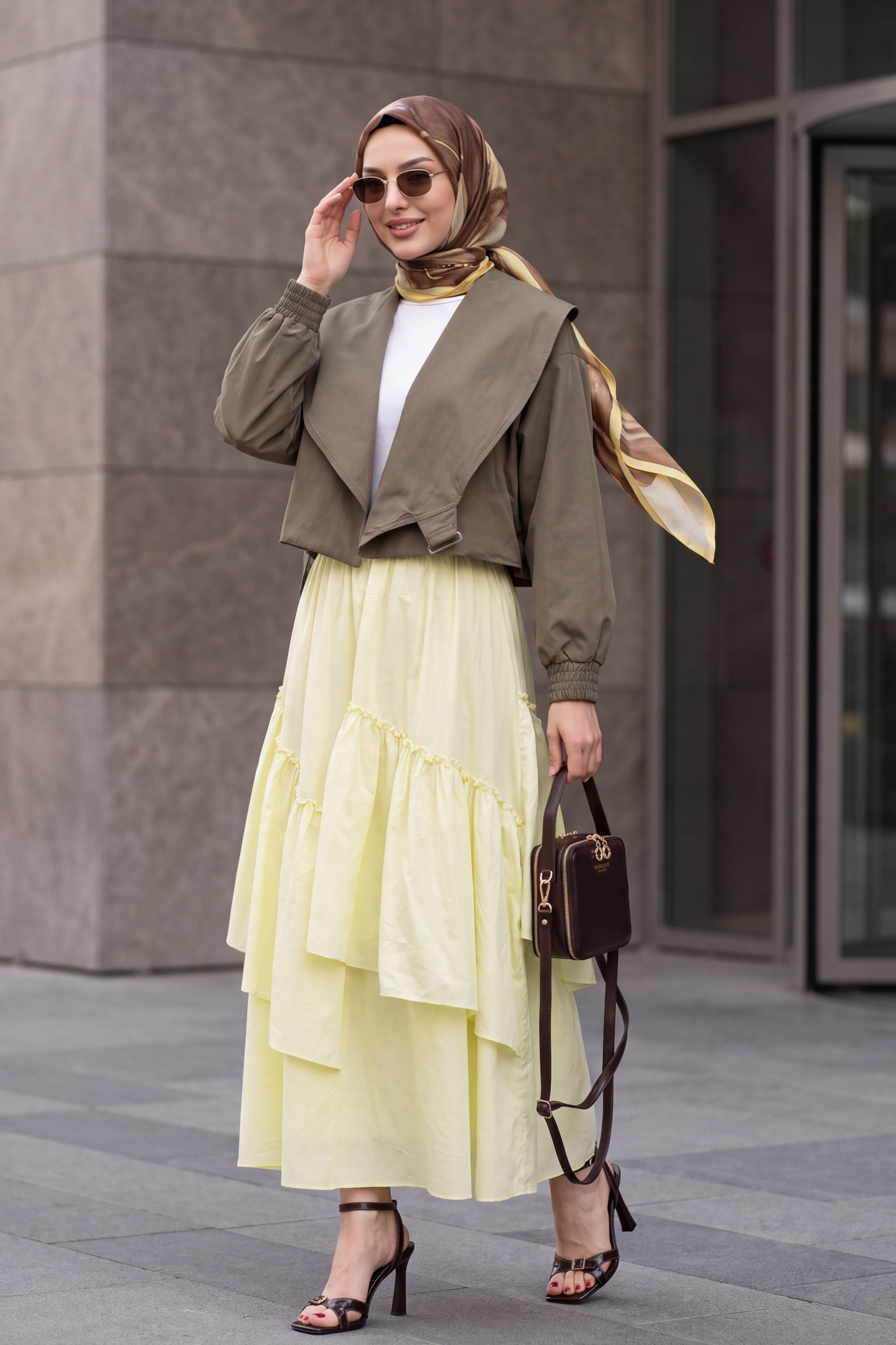 Shawl Collar Crop Jacket with Elasticated Cuffs and Belted Waist - Light Brown - Podyumplus - by Peralane - photo 5