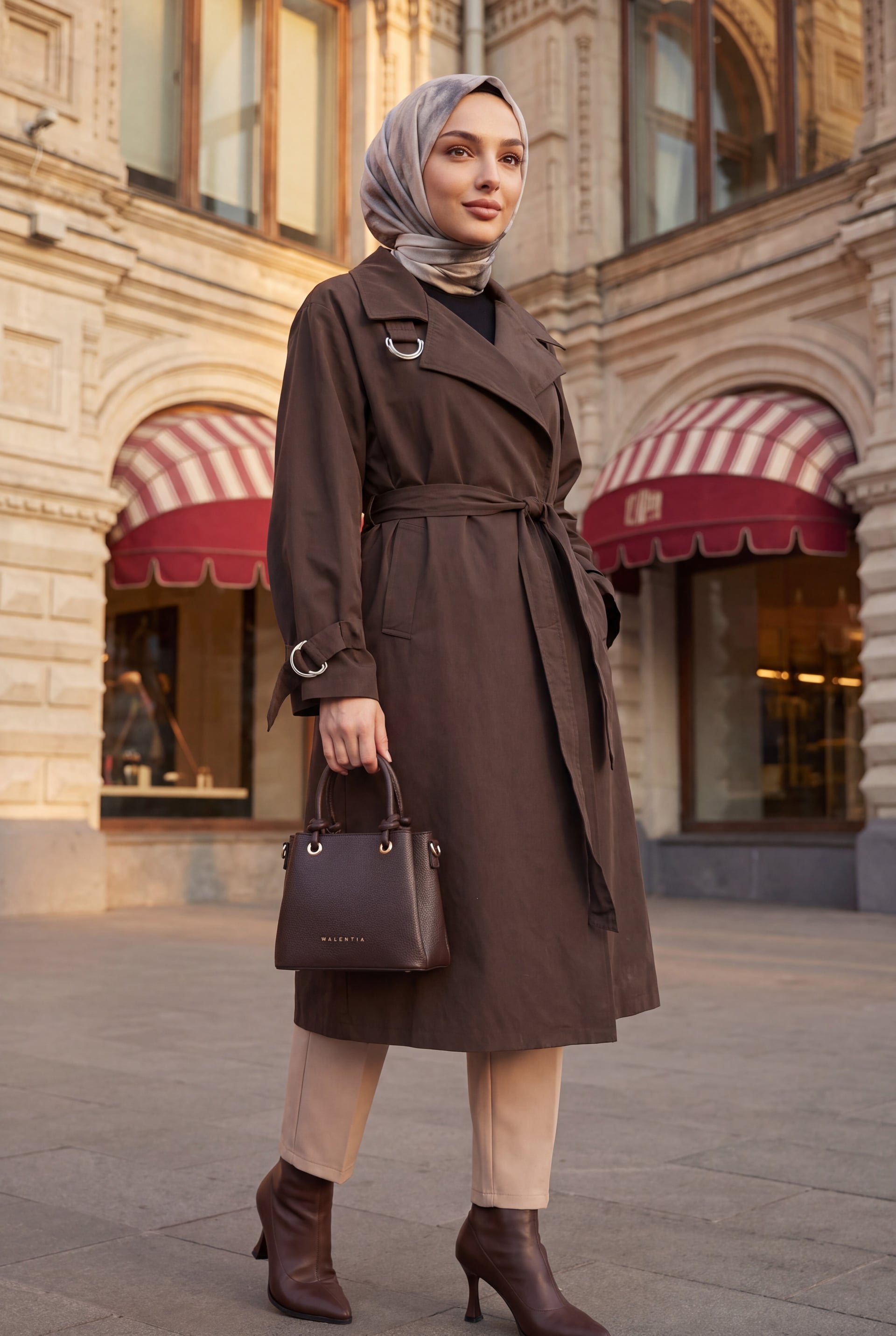 Double-Breasted Belted Lined Double-Pocket Trench Coat - Dark Brown - Podyumplus - by Peralane