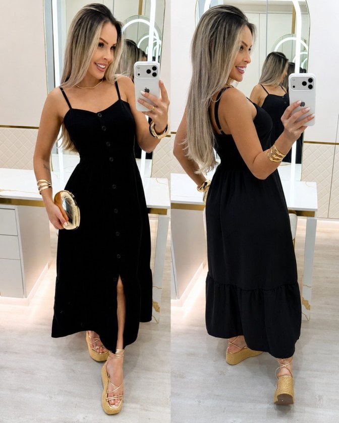 Women's Black Spaghetti Strap V-Neck Button-Front Midi Crepe Dress - Janes - by Peralane