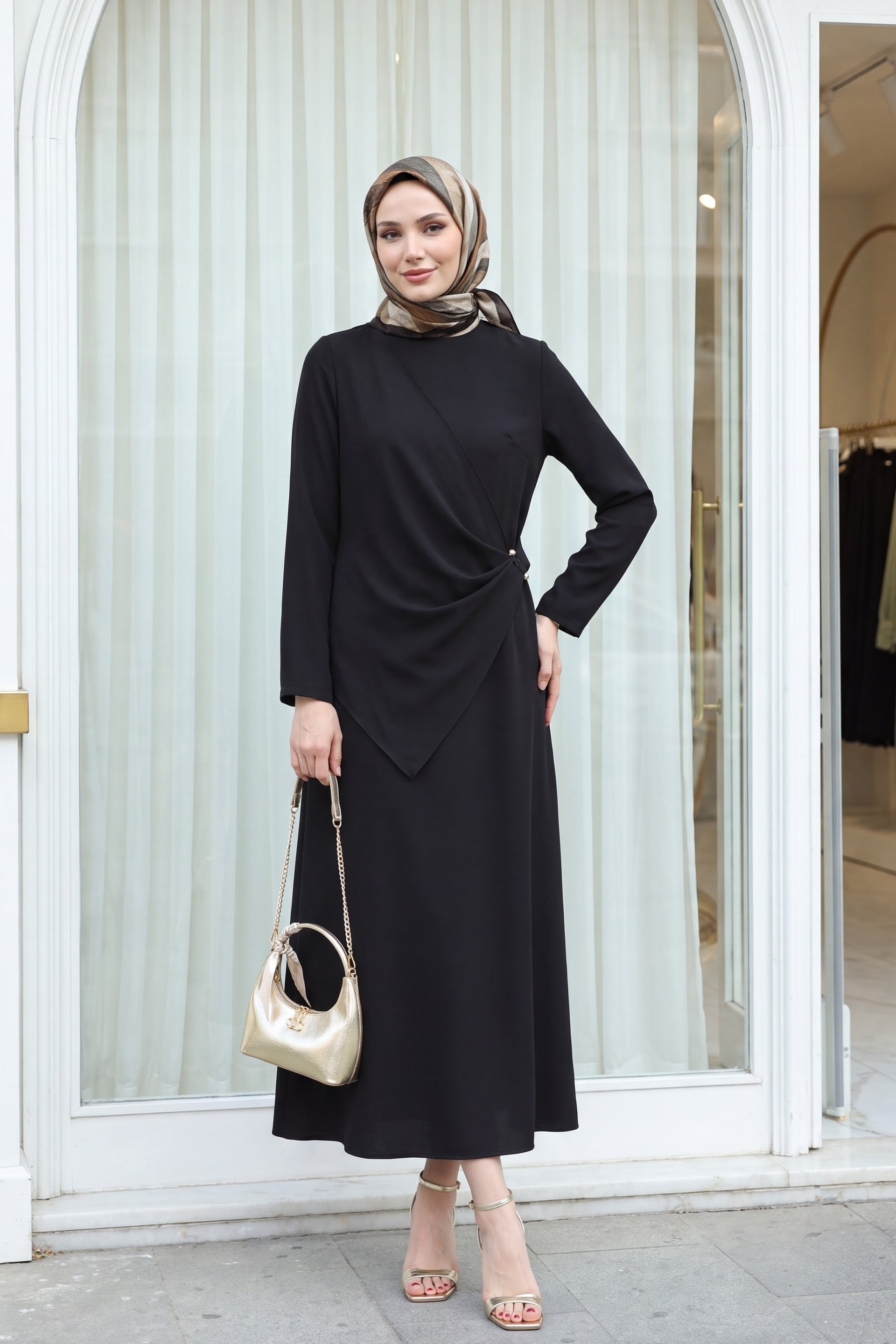 Cross Detail Buckled Round Neck Imported Crepe Dress - Dark Brown - Podyumplus - by Peralane - photo 2