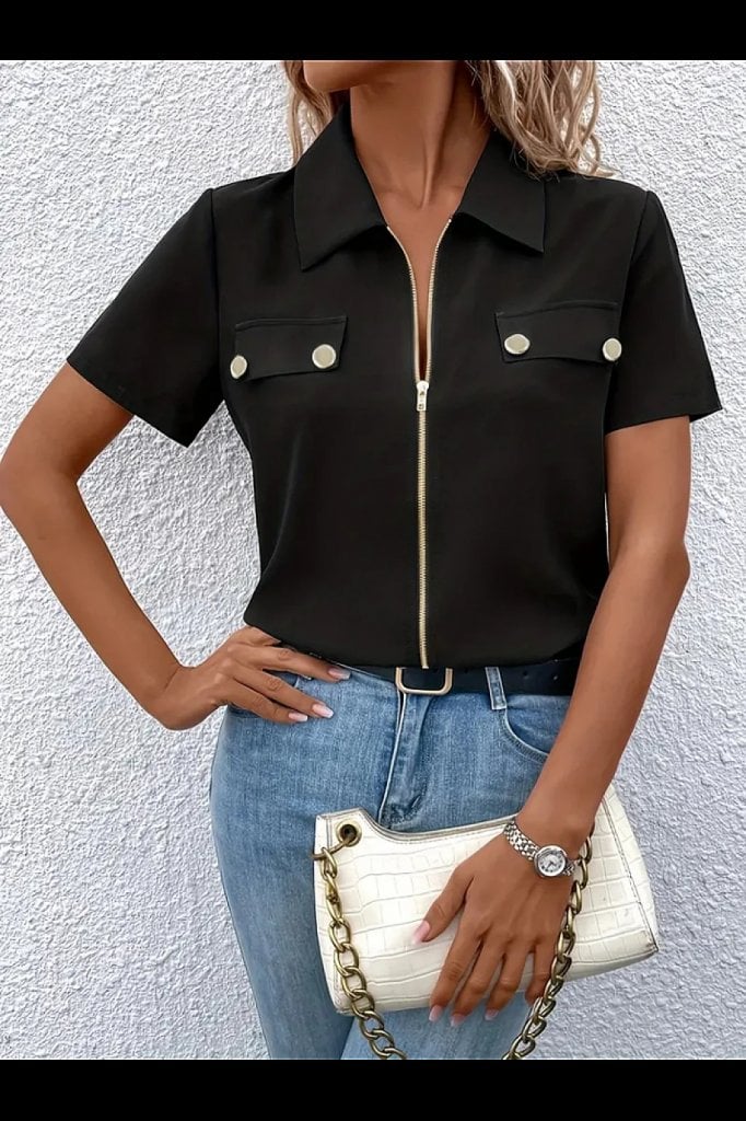 Women's Short-Sleeve Blouse with Collar and Front Zip - Black - Janes - by Peralane - photo 2