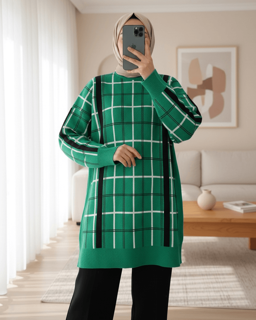 Plaid Patterned Knit Tunic - Green - Podyumplus - by Peralane