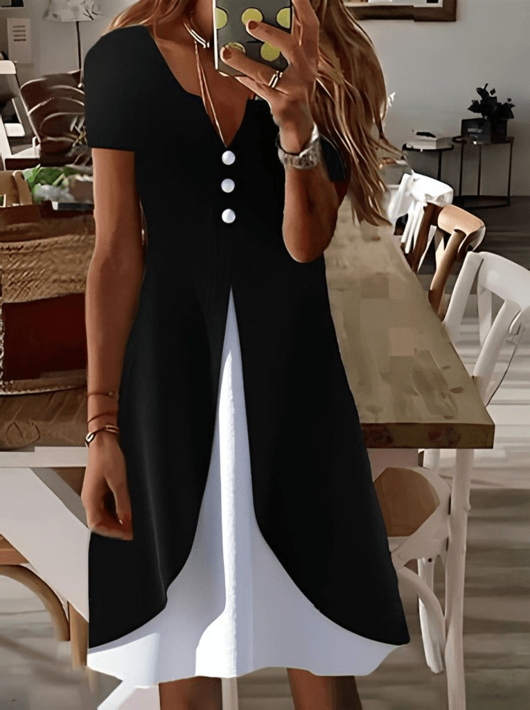 Women's Short-Sleeved V-Neck Button-Front Two-Tone Viscose Dress - Janes - by Peralane - photo 3