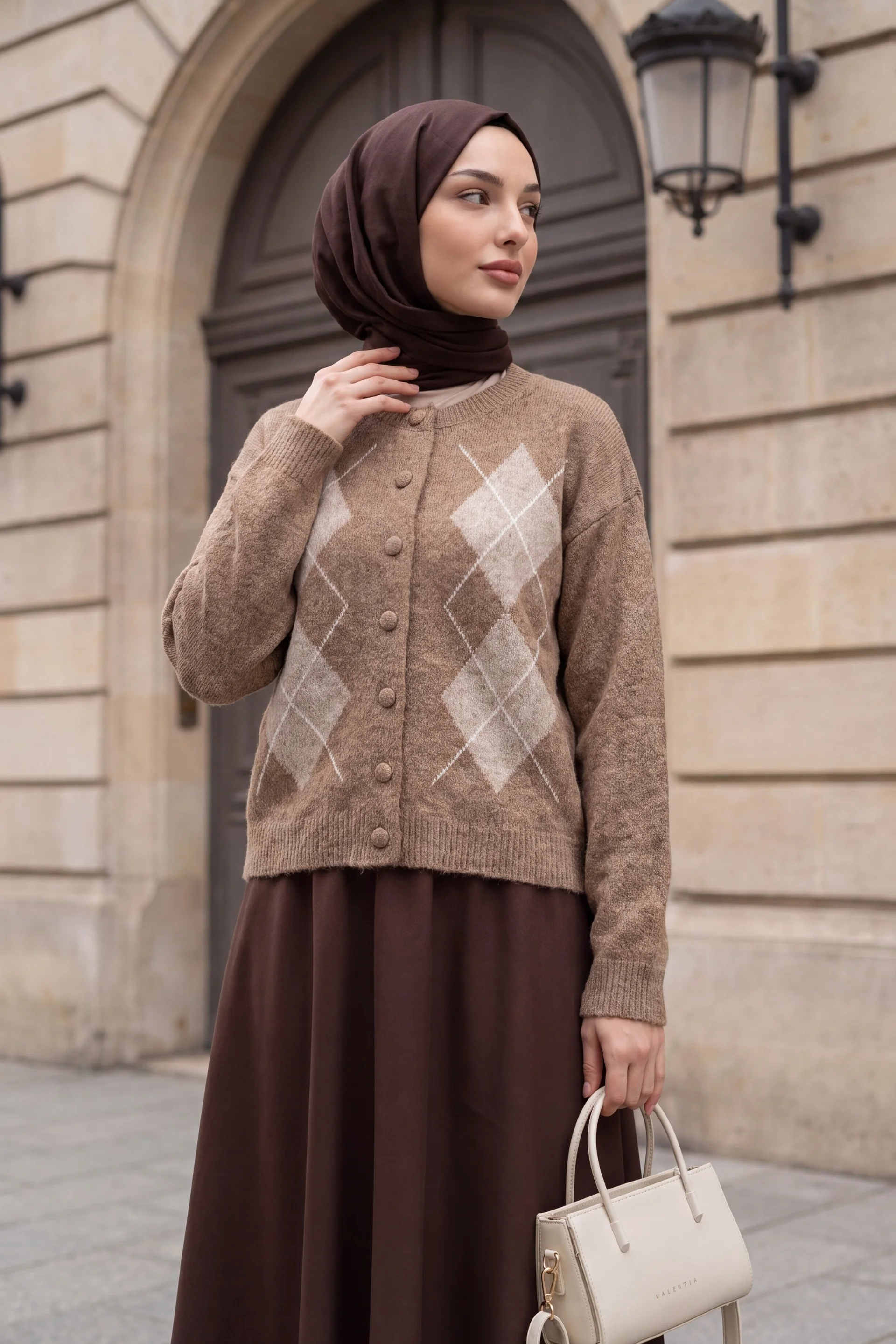 Round Neck, Button-Front Diamond Pattern Soft-touch Knit Cardigan - Mink - Podyumplus - by Peralane - photo 2