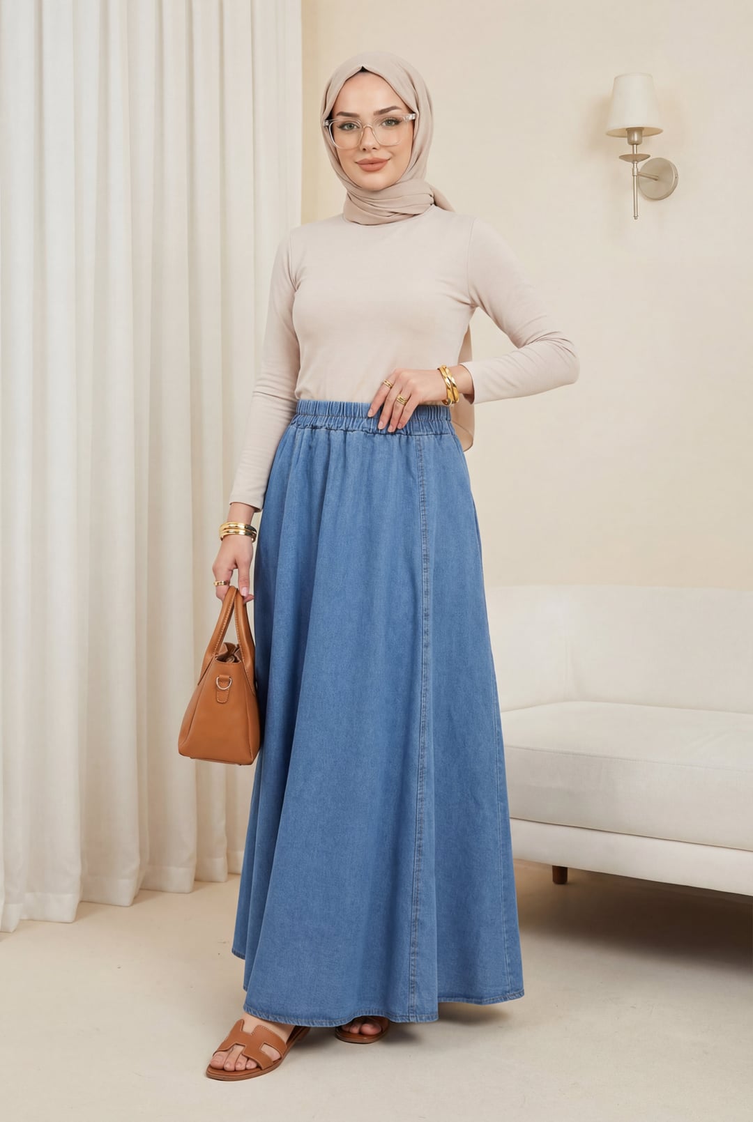 Side Pocket Elastic Waist Denim Skirt - Light Blue - Podyumplus - by Peralane - photo 6