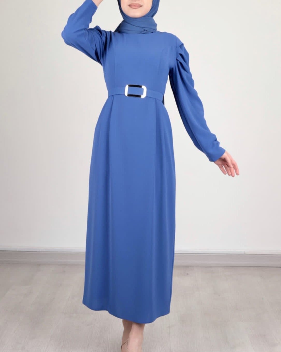 Indigo Modest Dress with Belt and Gathered Cuffs - Podyumplus - by Peralane - photo 4