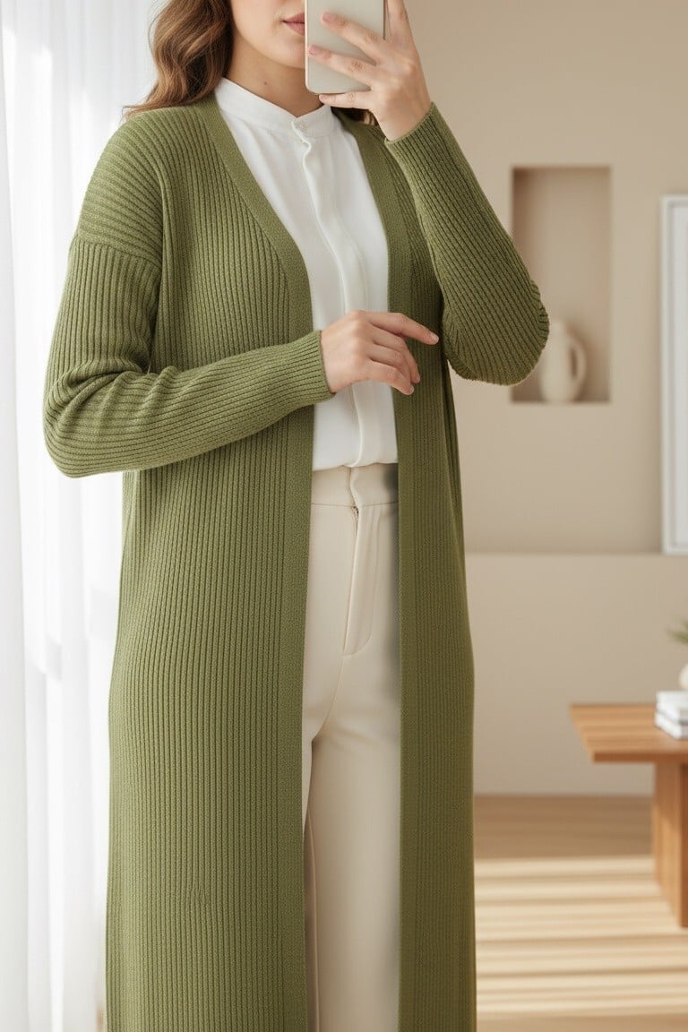 Ribbed Long Cardigan with Side Slits - Olive - Podyumplus - by Peralane - photo 3