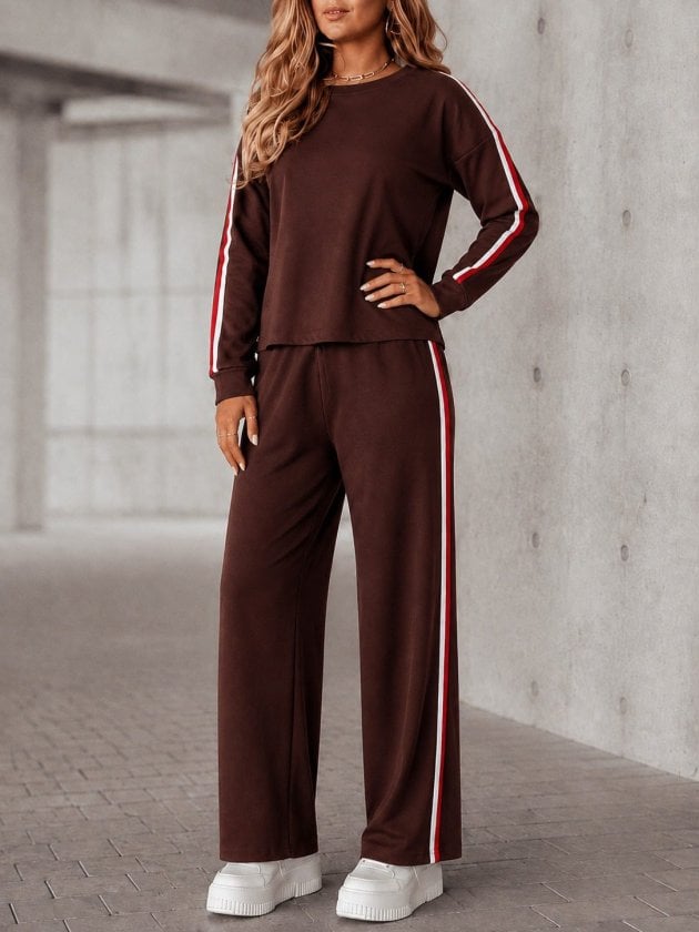Women's Long Sleeve Crew Neck Striped Detail Viscose Two-Thread Blouse and Trousers Two-Piece Set - Janes - by Peralane - photo 4