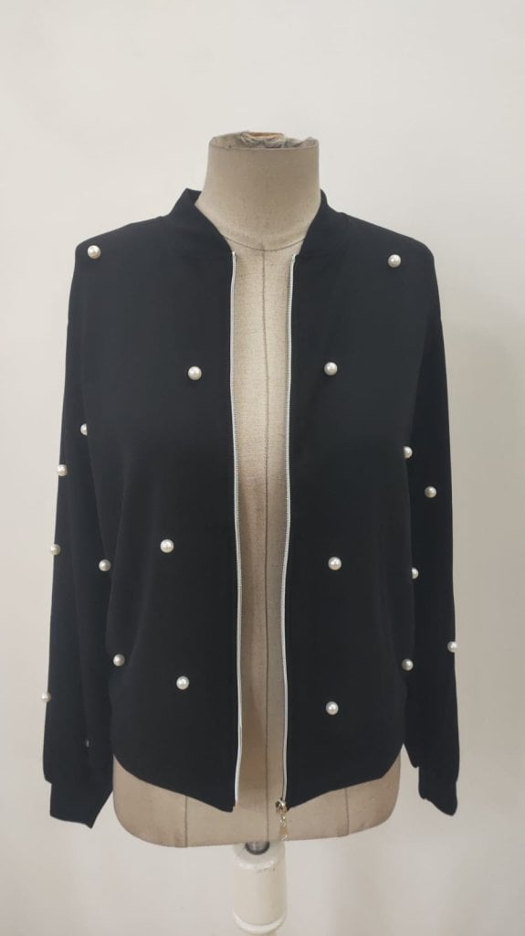 Women's Black Pearl Embellished Zip-Front Bomber Jacket - Janes - by Peralane - photo 8