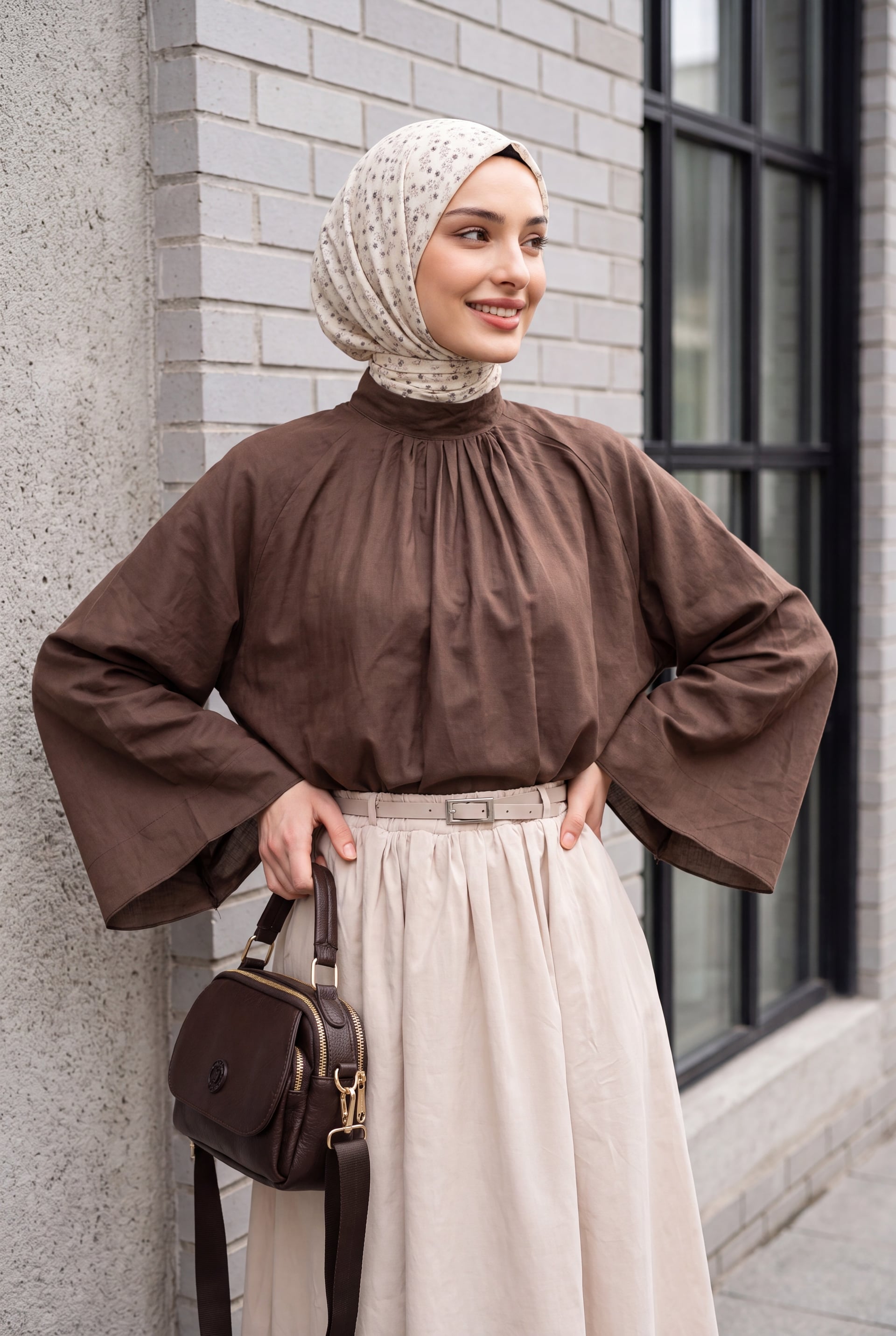 Brown Shawl Collar Spanish Sleeve Lined Voile Blouse - Podyumplus - by Peralane - photo 3