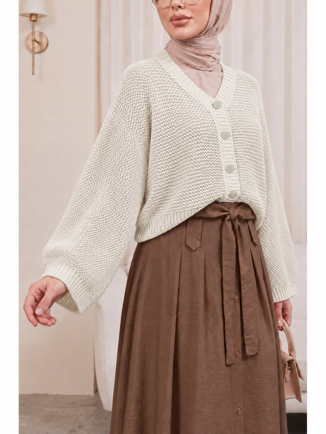 Openwork Buttoned Batwing Sleeve Knit Cardigan - Stone - Podyumplus - by Peralane