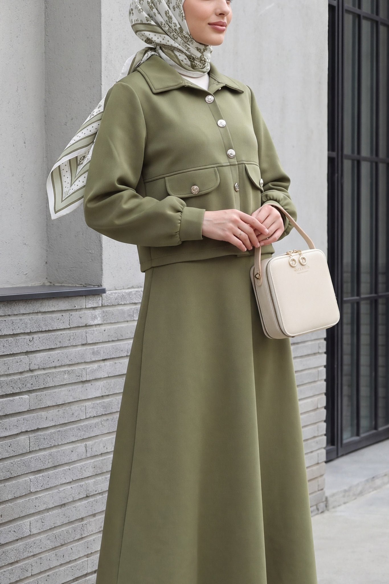 Pocket Detail Buttoned Scuba Skirt Suit - Olive Green - Podyumplus - by Peralane