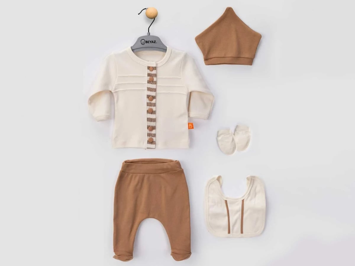 Button Detail 5-Piece Newborn Baby Boy Set - Brown - Beyaz Bebek - by Peralane