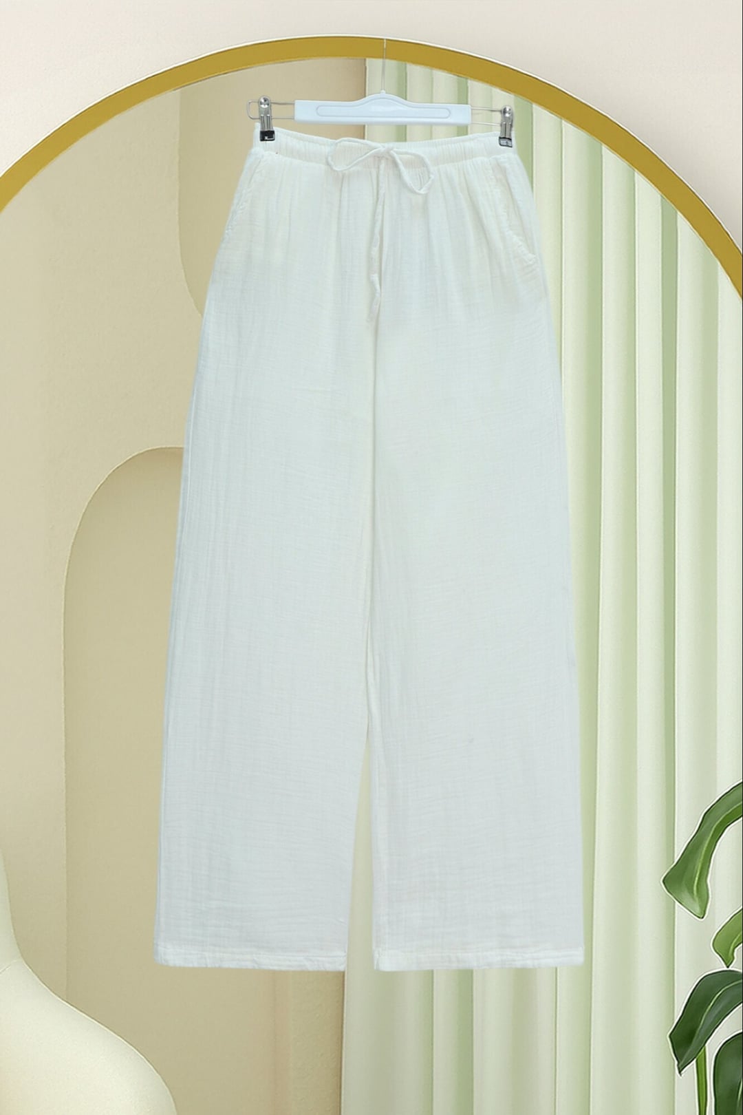 Elasticated Drawstring Wide Leg Muslin Trousers - Ecru - Podyumplus - by Peralane - photo 3