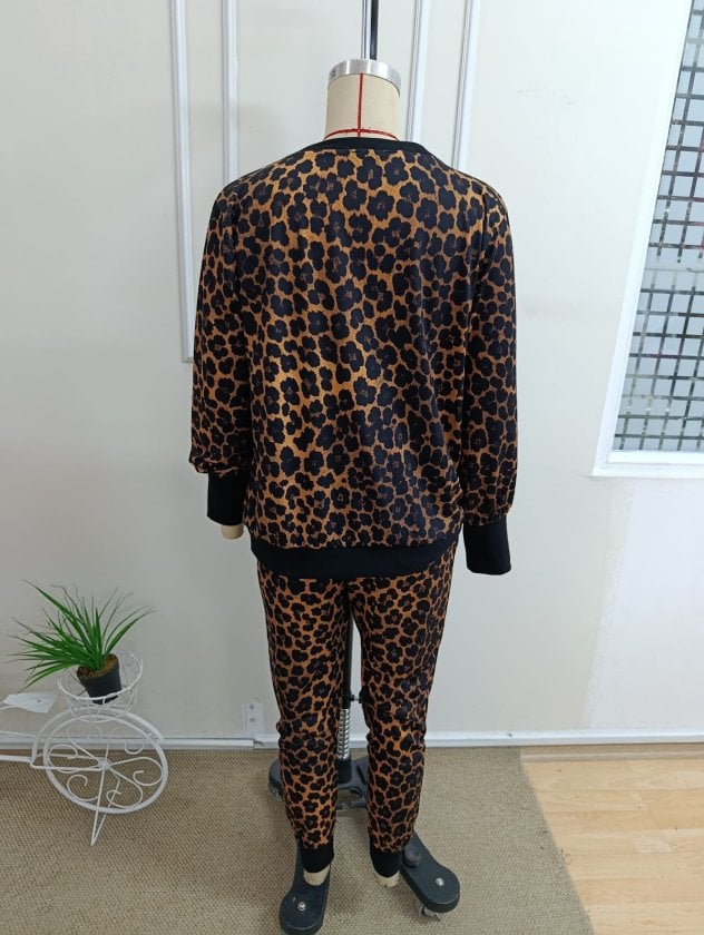 Women's Long Sleeve V-Neck Leopard Print Two-Piece Lounge Set with Drawstring Pants - Janes - by Peralane - photo 6
