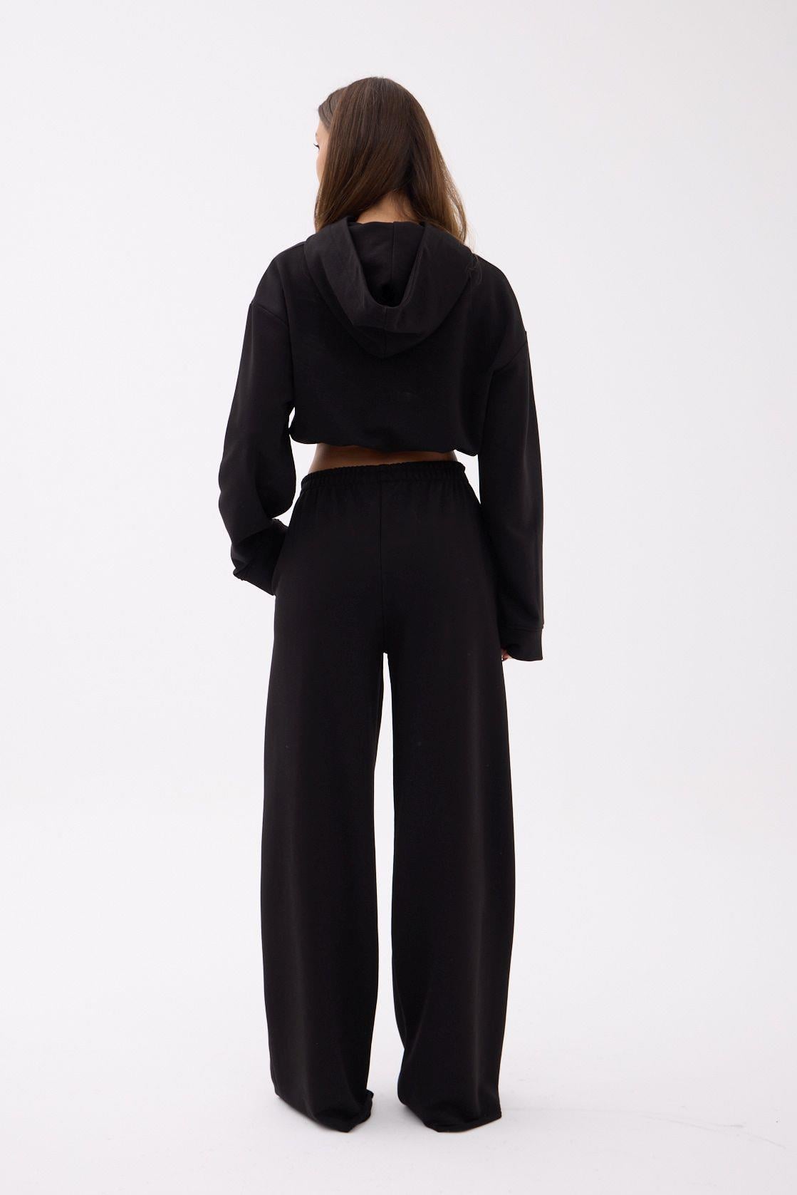 Black Cropped Hooded Sweatshirt and Wide-Leg Trousers Loungewear Set - Fame - by Peralane - photo 2