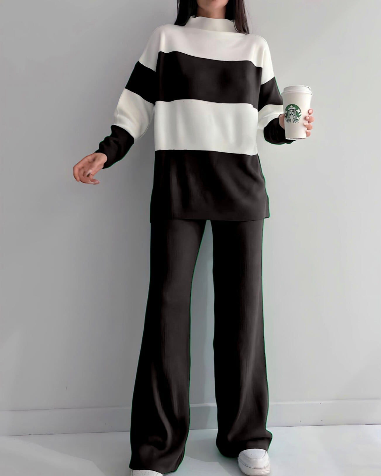 Half-Neck Striped Knit Set - Black - Podyumplus - by Peralane - photo 2