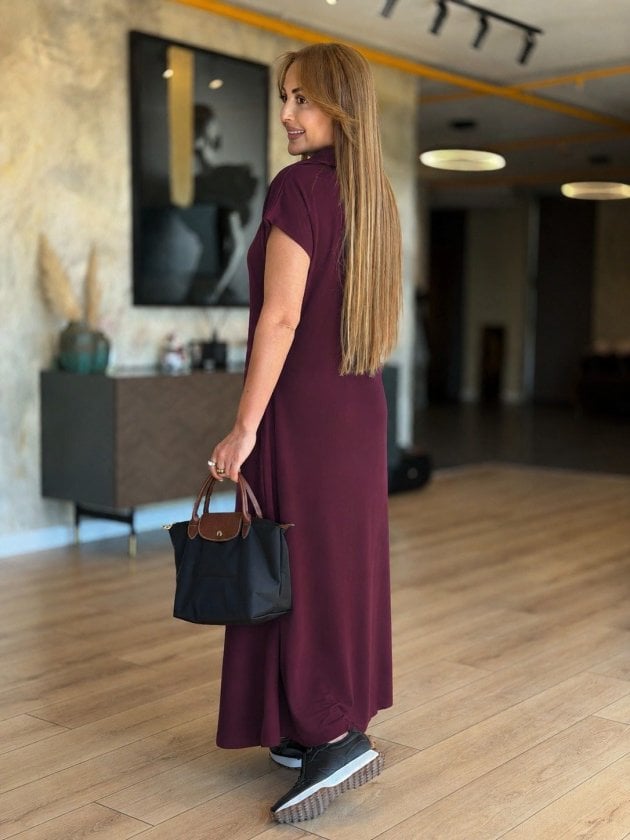 Women's Long-Sleeved Collared V-Neck Jersey Dress in Burgundy - Janes - by Peralane - photo 4