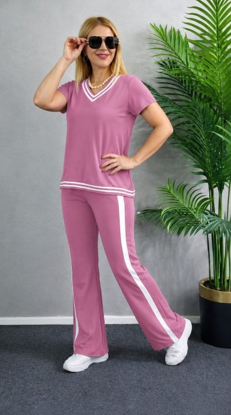 Women's Short Sleeve V-Neck Viscose Ribbed Blouse and Trousers Two-Piece Set - Janes - by Peralane - photo 2