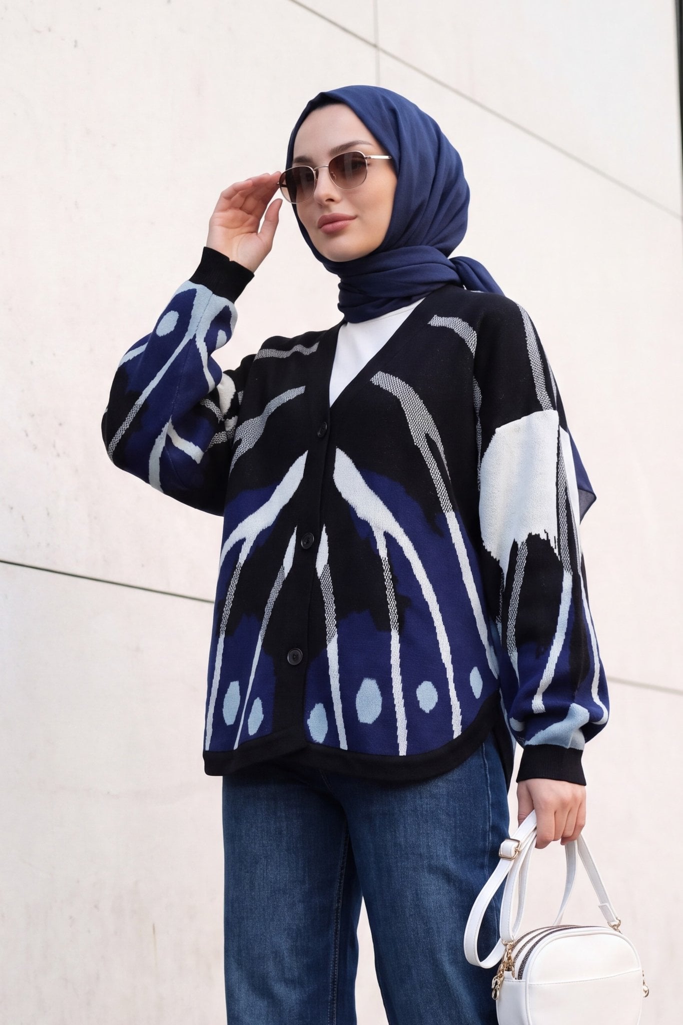 V-Neck Buttoned Patterned Batwing Sleeve Double Placket Knit Cardigan - Navy - Podyumplus - by Peralane - photo 2