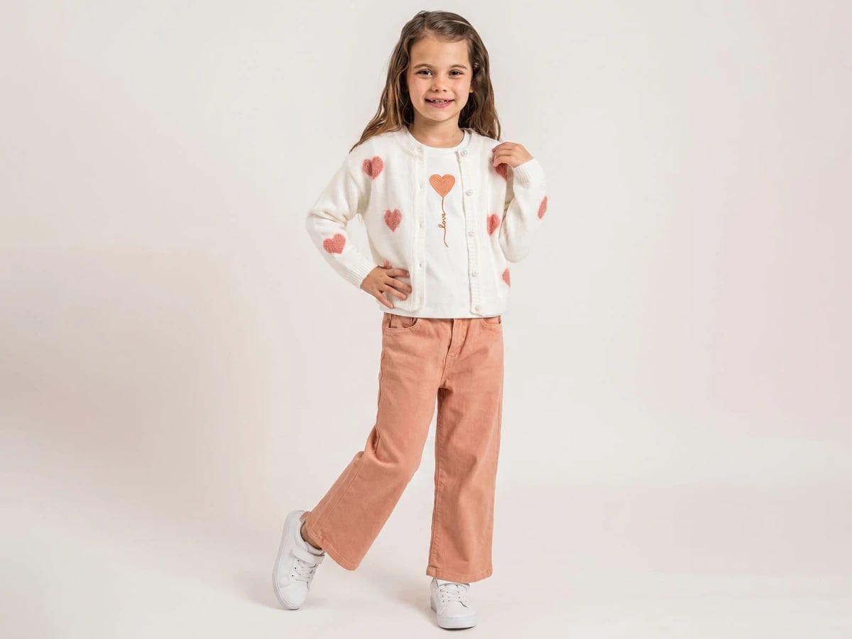 Girls' 3-Piece Knit Cardigan Set with Heart Embroidery - Salmon - Pampal Kids - by Peralane