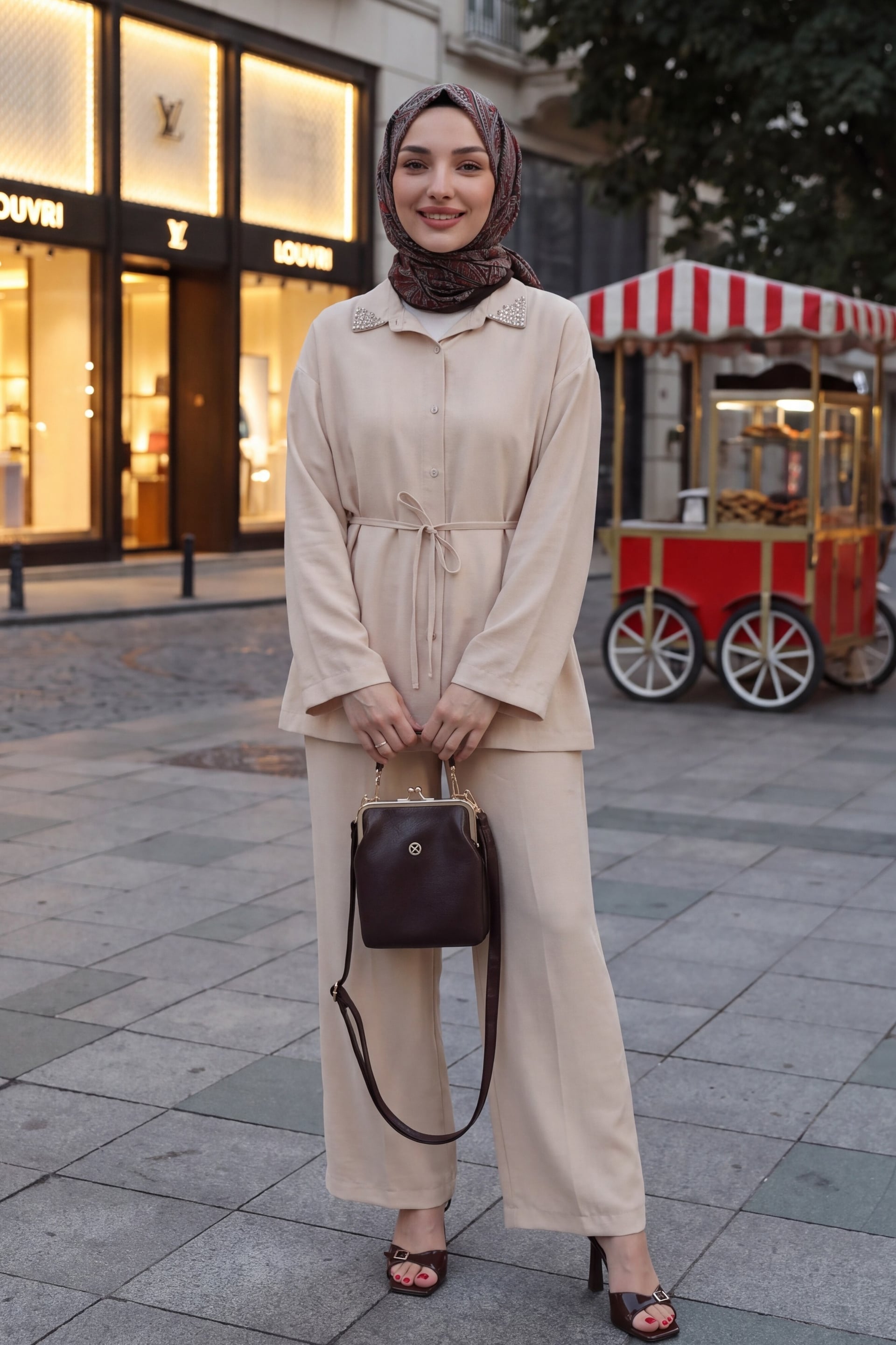 Stone-Collar Tie-Waist Blouse and Wide-Leg Trousers Set - Beige - Podyumplus - by Peralane - photo 2