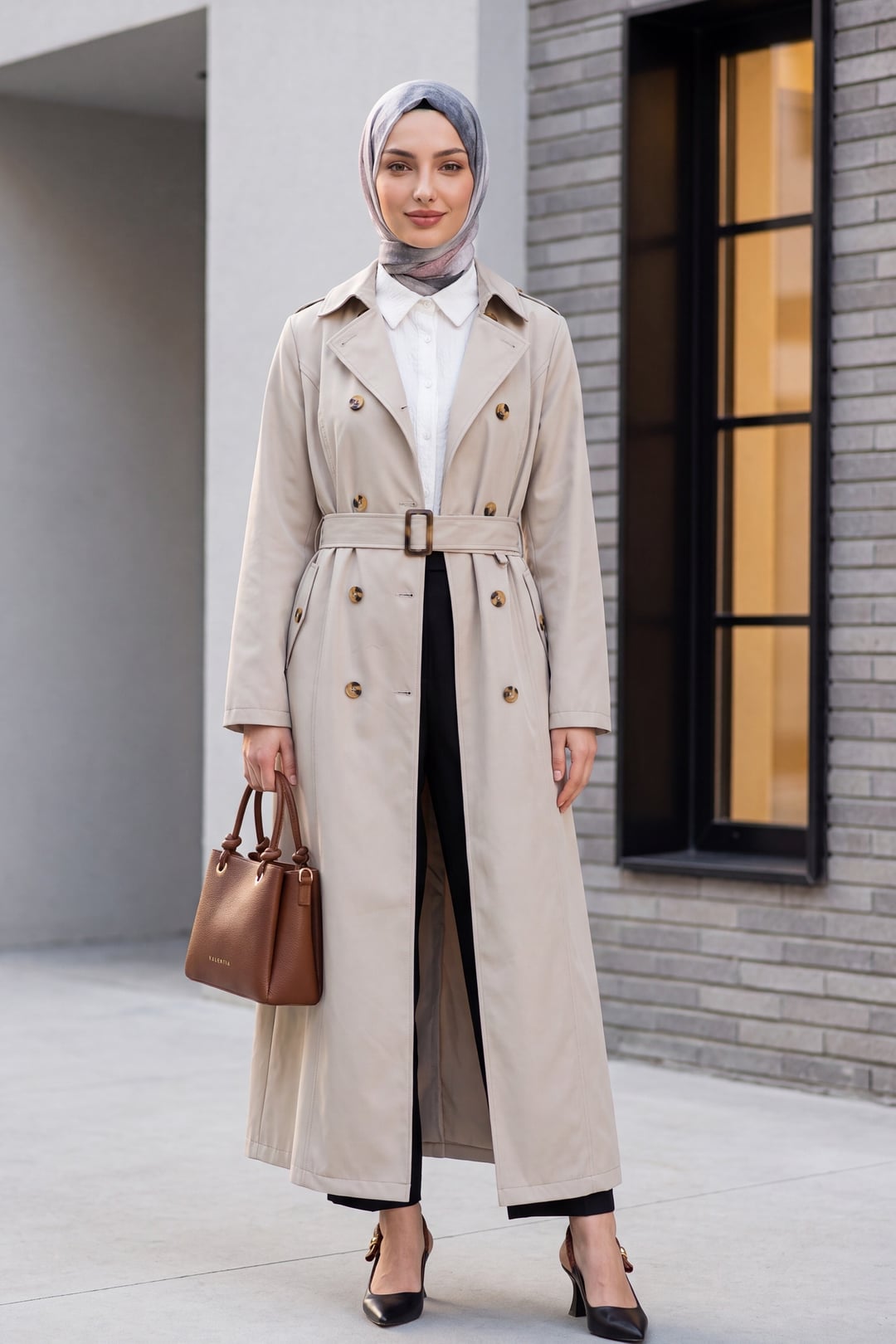 Double-Breasted Belted Trench Coat in Stone - Podyumplus - by Peralane - photo 4
