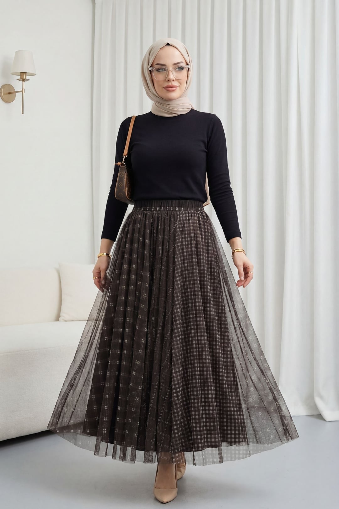 Plaid Pleated Tulle Skirt with Elasticated Waist - Brown - Podyumplus - by Peralane - photo 3