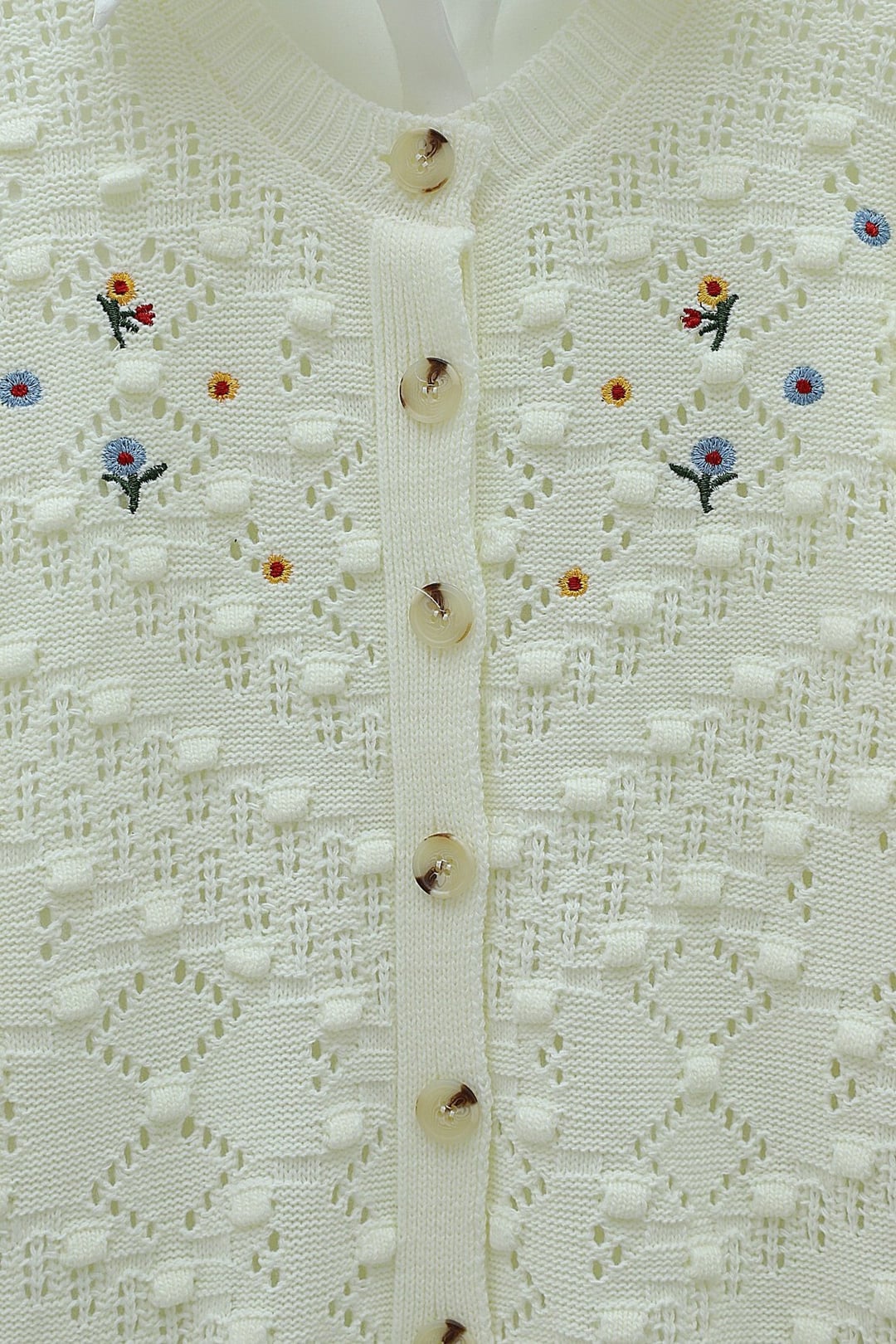 Cream Round Neck Button Knit Cardigan with Pom Pom Details - Podyumplus - by Peralane - photo 4