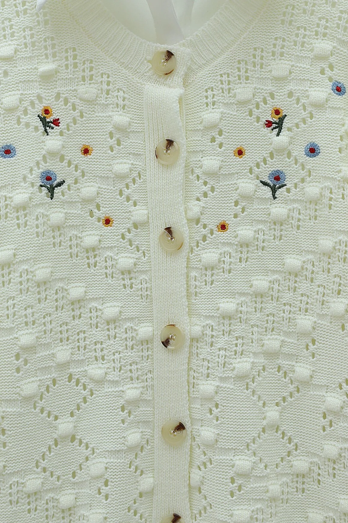 Cream Round Neck Button Knit Cardigan with Pom Pom Details - Podyumplus - by Peralane - photo 4