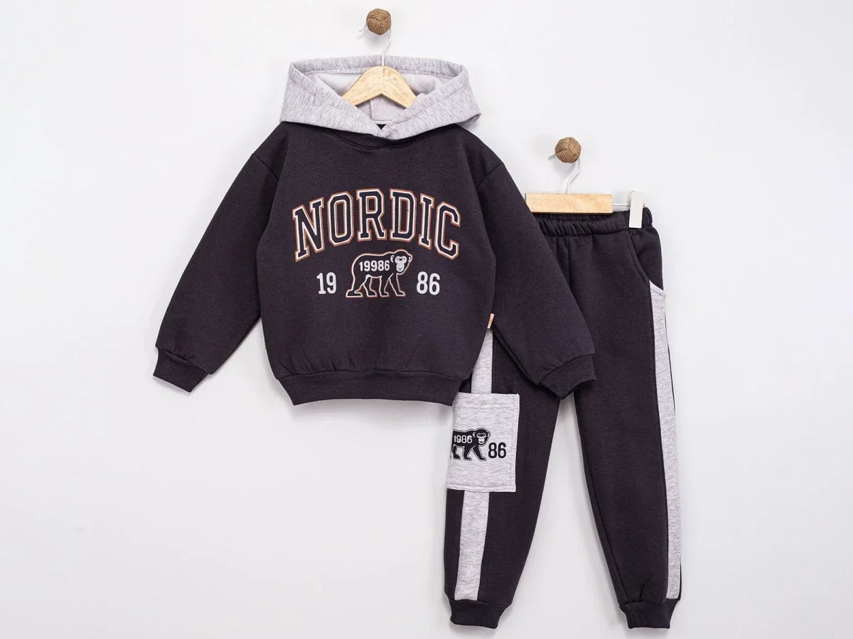 Nordic Print Hooded Sweatshirt and Trousers Set for Boys, Dark Grey, Pack of 4 - Feely Kids - by Peralane