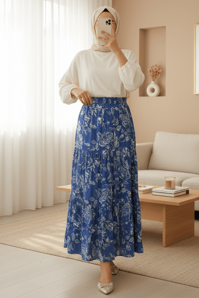 Women's Indigo Floral Long Viscose Skirt 1898 - Bigdart - by Peralane